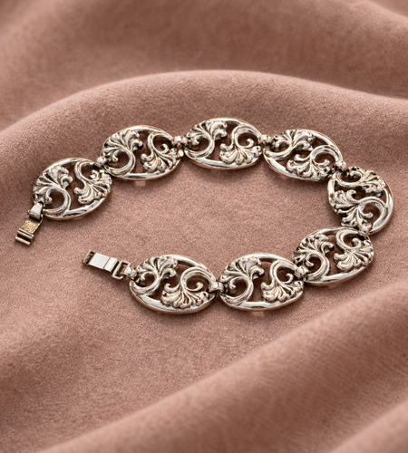 Sterling Silver Scroll Link Bracelet – Artisan Oval Panel Design