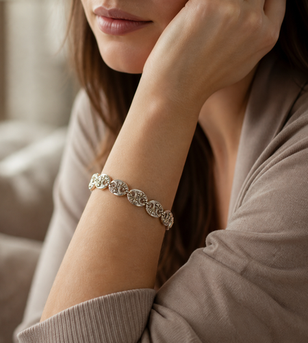 Sterling Silver Scroll Link Bracelet – Artisan Oval Panel Design