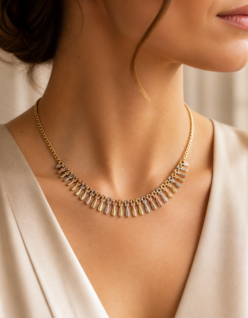 Load image into Gallery viewer, Simply Savvy “Golden Cascade” Tri-Color 10K Gold Fringe Necklace – 17” | 10g
