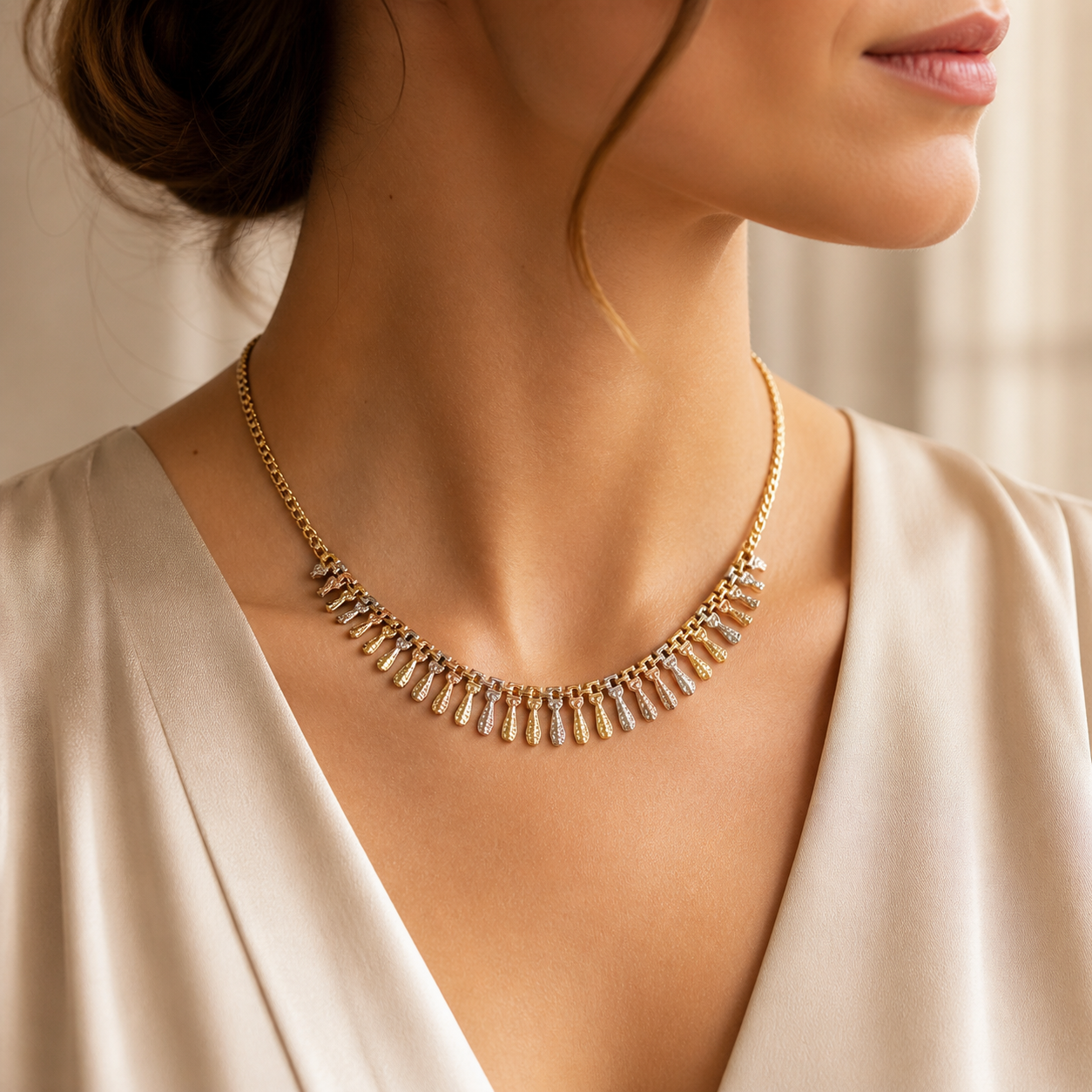 Simply Savvy “Golden Cascade” Tri-Color 10K Gold Fringe Necklace – 17” | 10g