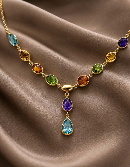 Load image into Gallery viewer, Simply Savvy “Aurora Cascade” 14K Gold Multi-Gemstone Necklace – Amethyst, Citrine, Peridot &amp; Blue Topaz Drop Pendant 17”
