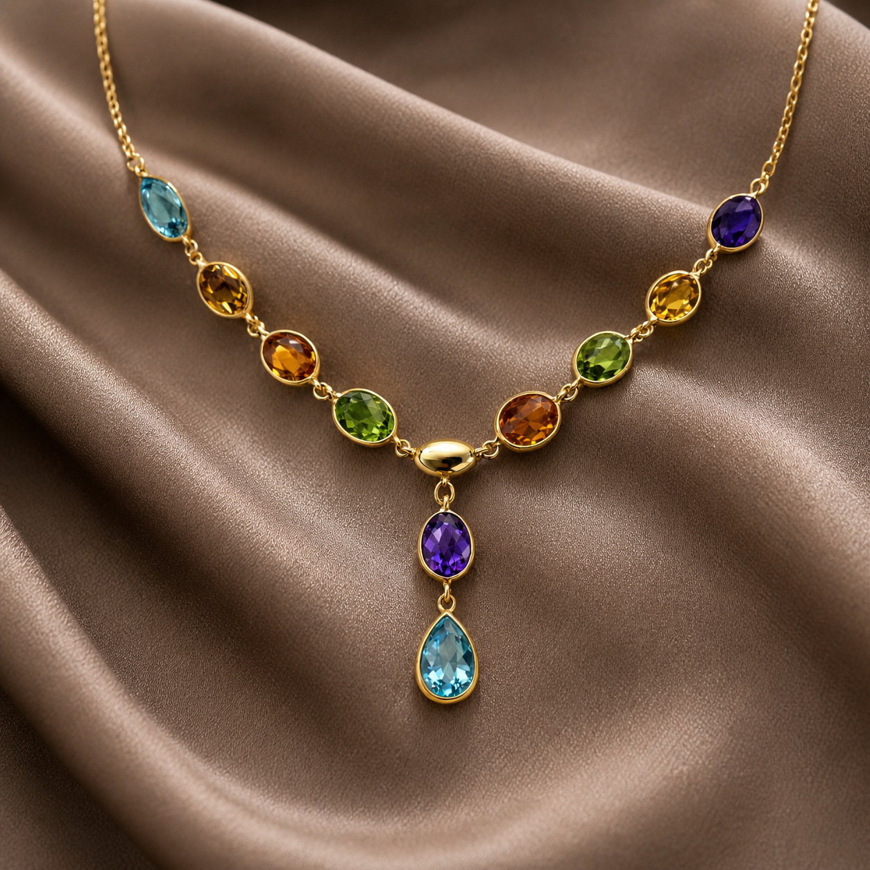 Simply Savvy “Aurora Cascade” 14K Gold Multi-Gemstone Necklace – Amethyst, Citrine, Peridot & Blue Topaz Drop Pendant 17”