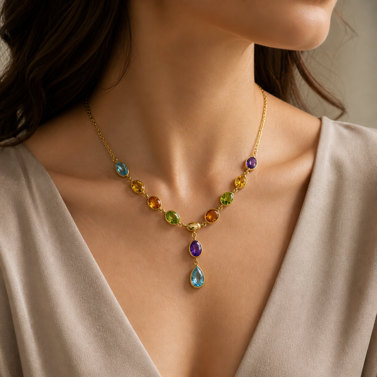 Simply Savvy “Aurora Cascade” 14K Gold Multi-Gemstone Necklace – Amethyst, Citrine, Peridot & Blue Topaz Drop Pendant 17”