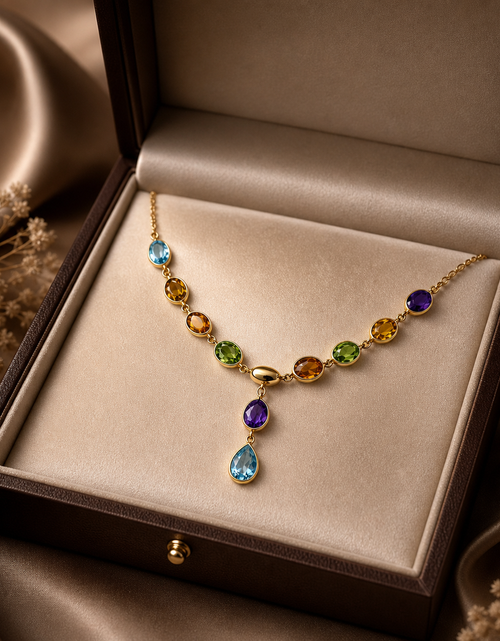 Load image into Gallery viewer, Simply Savvy “Aurora Cascade” 14K Gold Multi-Gemstone Necklace – Amethyst, Citrine, Peridot &amp; Blue Topaz Drop Pendant 17”
