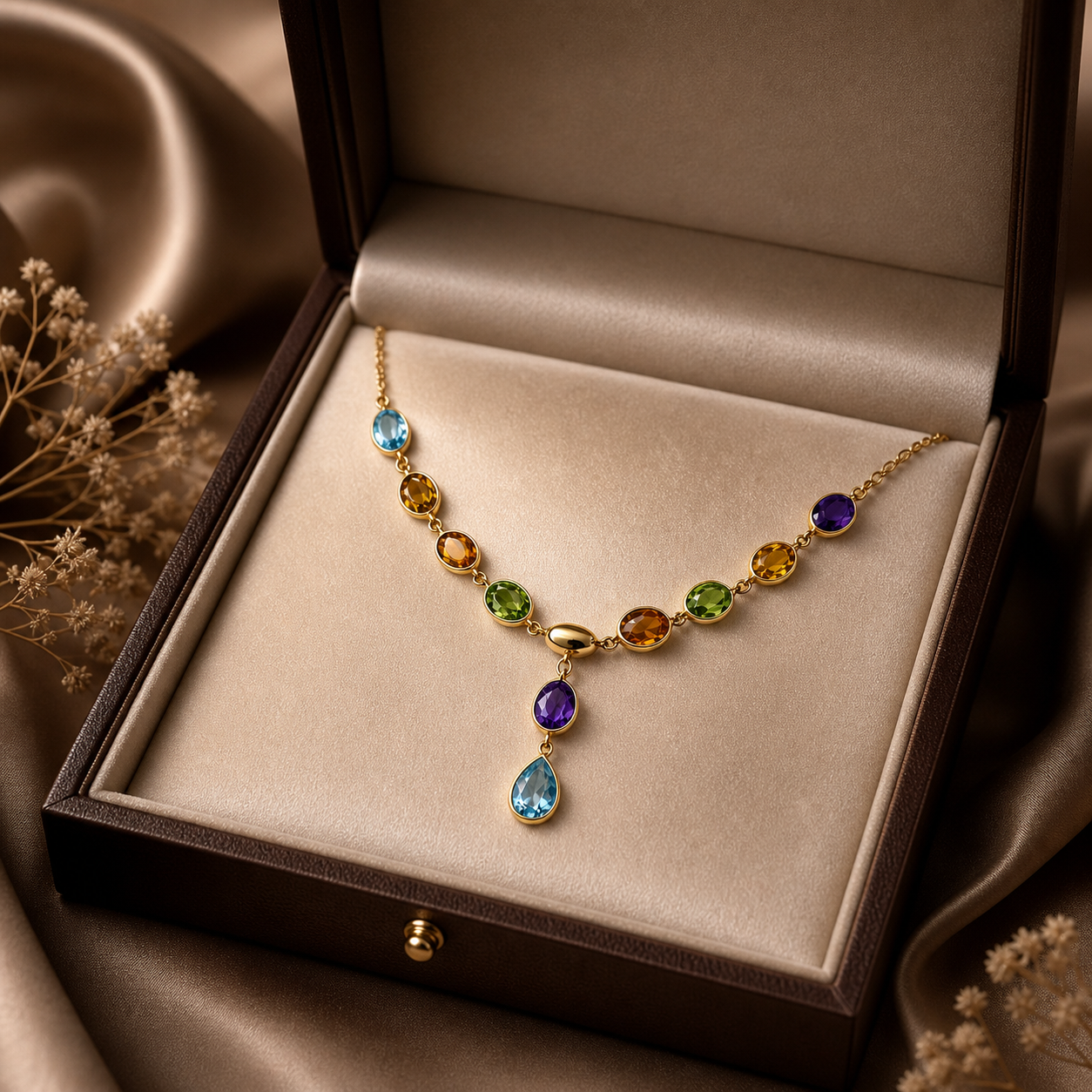 Simply Savvy “Aurora Cascade” 14K Gold Multi-Gemstone Necklace – Amethyst, Citrine, Peridot & Blue Topaz Drop Pendant 17”