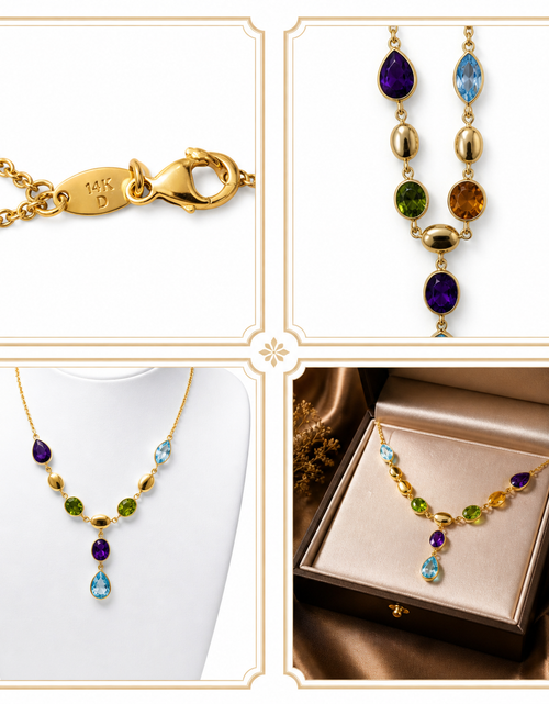 Load image into Gallery viewer, Simply Savvy “Aurora Cascade” 14K Gold Multi-Gemstone Necklace – Amethyst, Citrine, Peridot &amp; Blue Topaz Drop Pendant 17”
