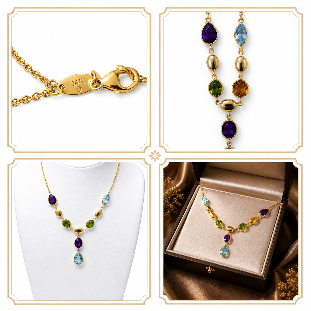 Simply Savvy “Aurora Cascade” 14K Gold Multi-Gemstone Necklace – Amethyst, Citrine, Peridot & Blue Topaz Drop Pendant 17”