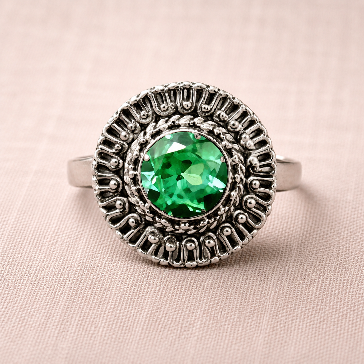 Vintage Style Green Sapphire Sterling Silver Statement Ring Size 7