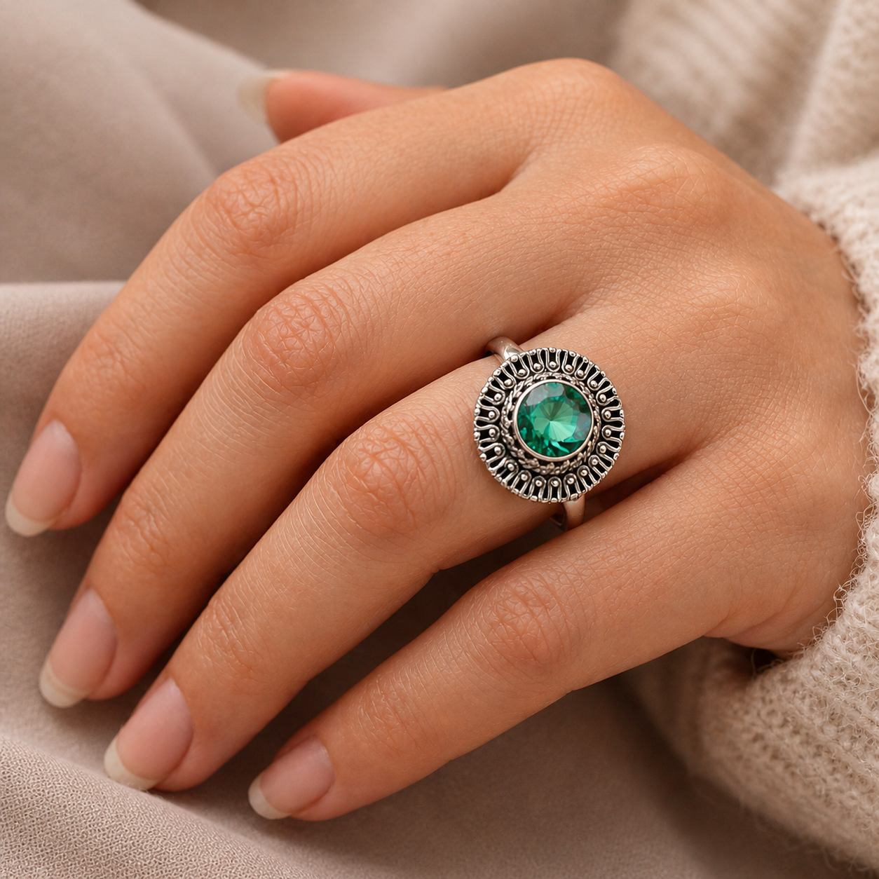 Vintage Style Green Sapphire Sterling Silver Statement Ring Size 7