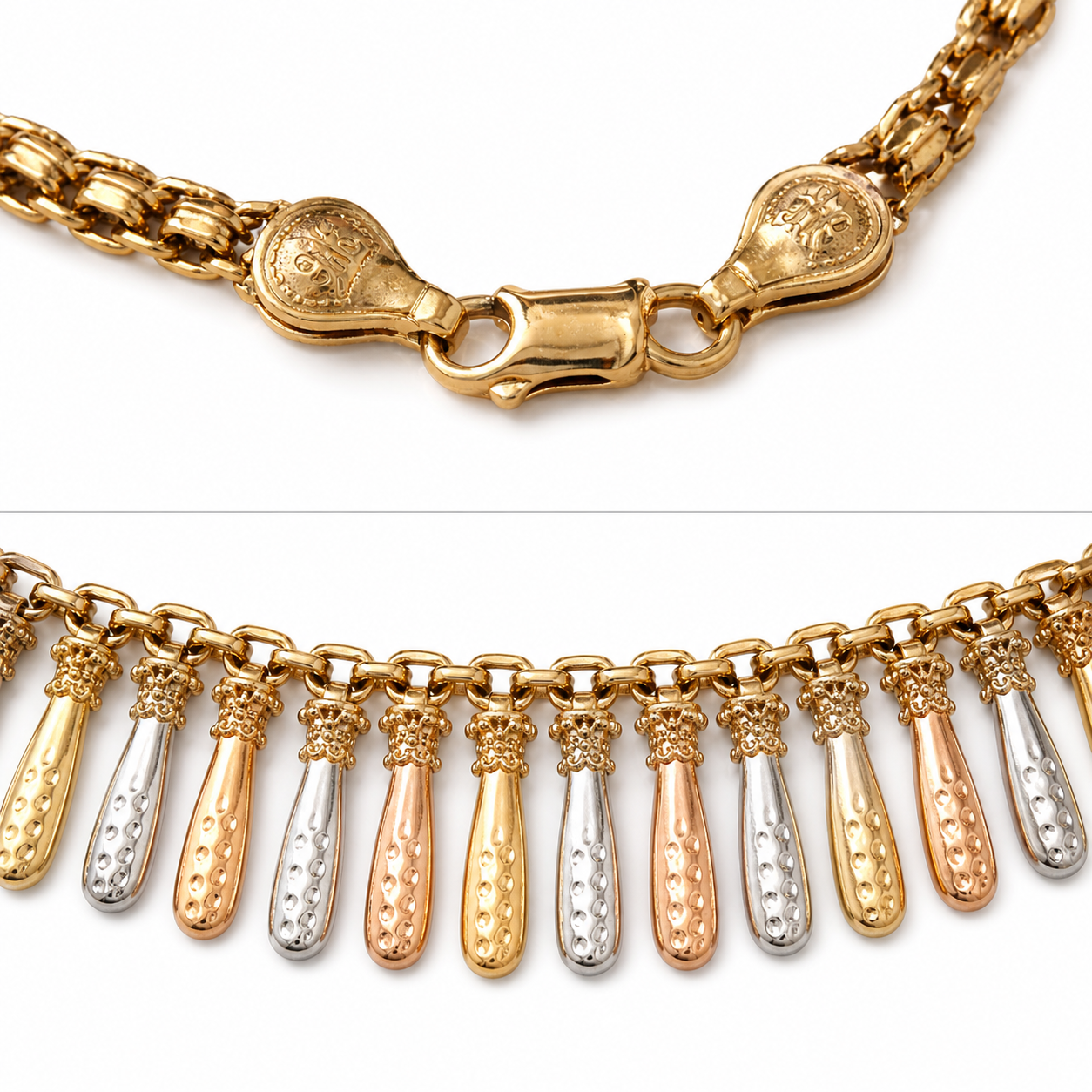 Simply Savvy “Golden Cascade” Tri-Color 10K Gold Fringe Necklace – 17” | 10g