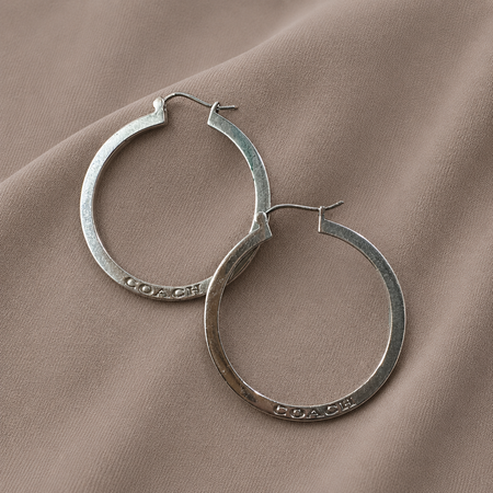 Coach Silver Tone Logo Hoop Earrings Minimalist Designer Hoops