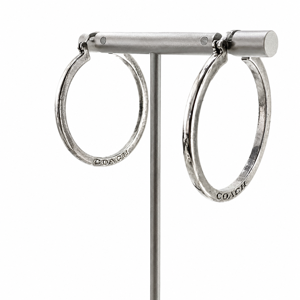 Coach Silver Tone Logo Hoop Earrings Minimalist Designer Hoops