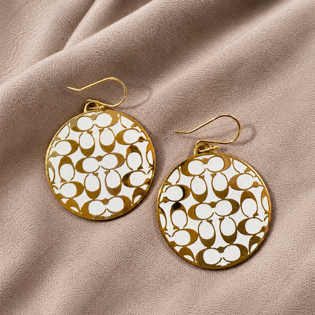 Coach Gold Tone Signature Logo Disc Dangle Earrings