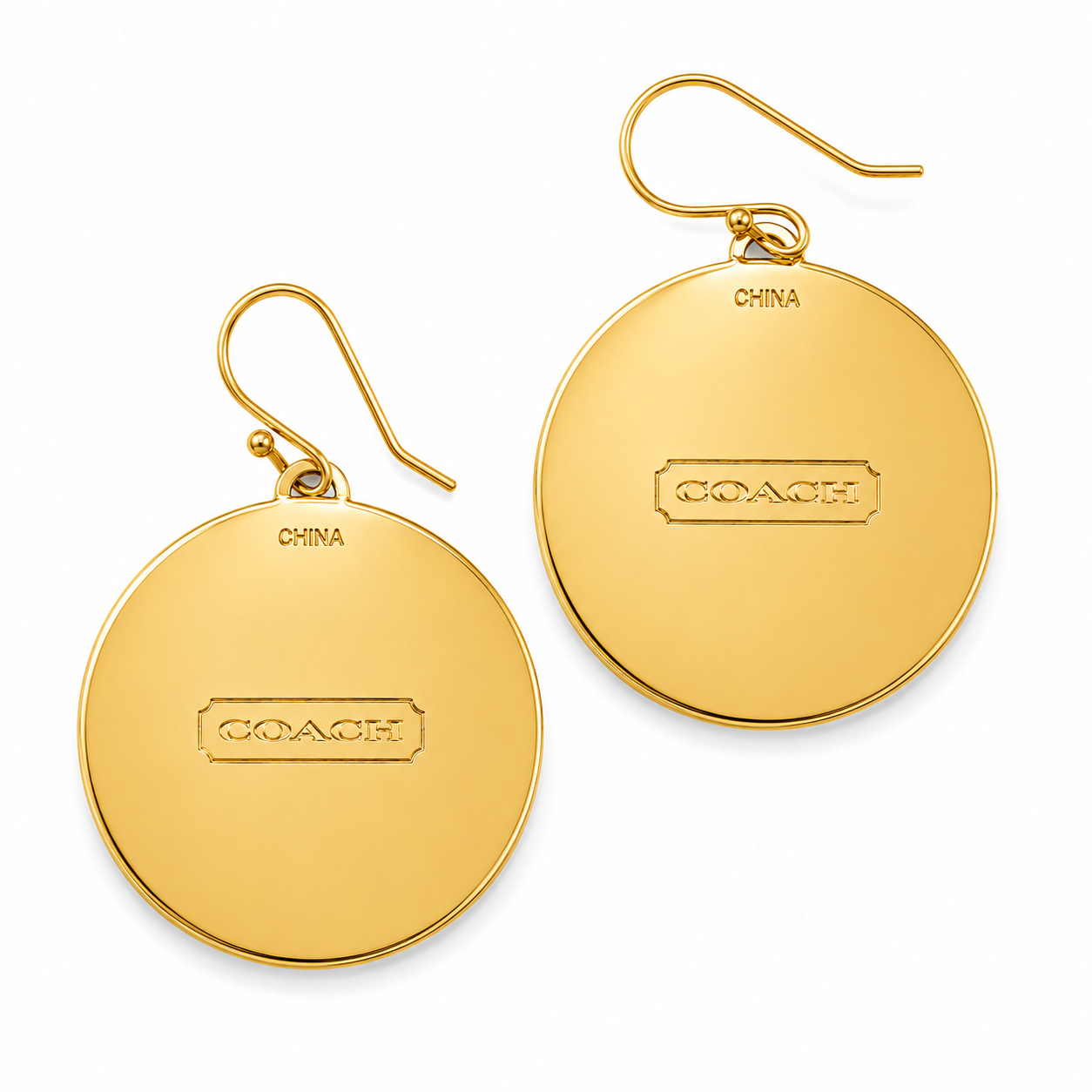 Coach Gold Tone Signature Logo Disc Dangle Earrings
