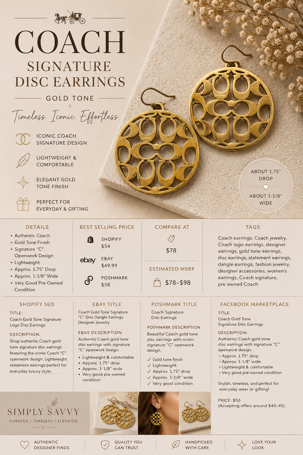 Coach Gold Tone Signature Openwork Disc Dangle Earrings