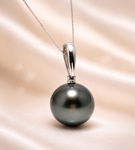 14K White Gold Tahitian Pearl Pendant Necklace | 11–12mm Round Tahiti Green Pearl | 45cm