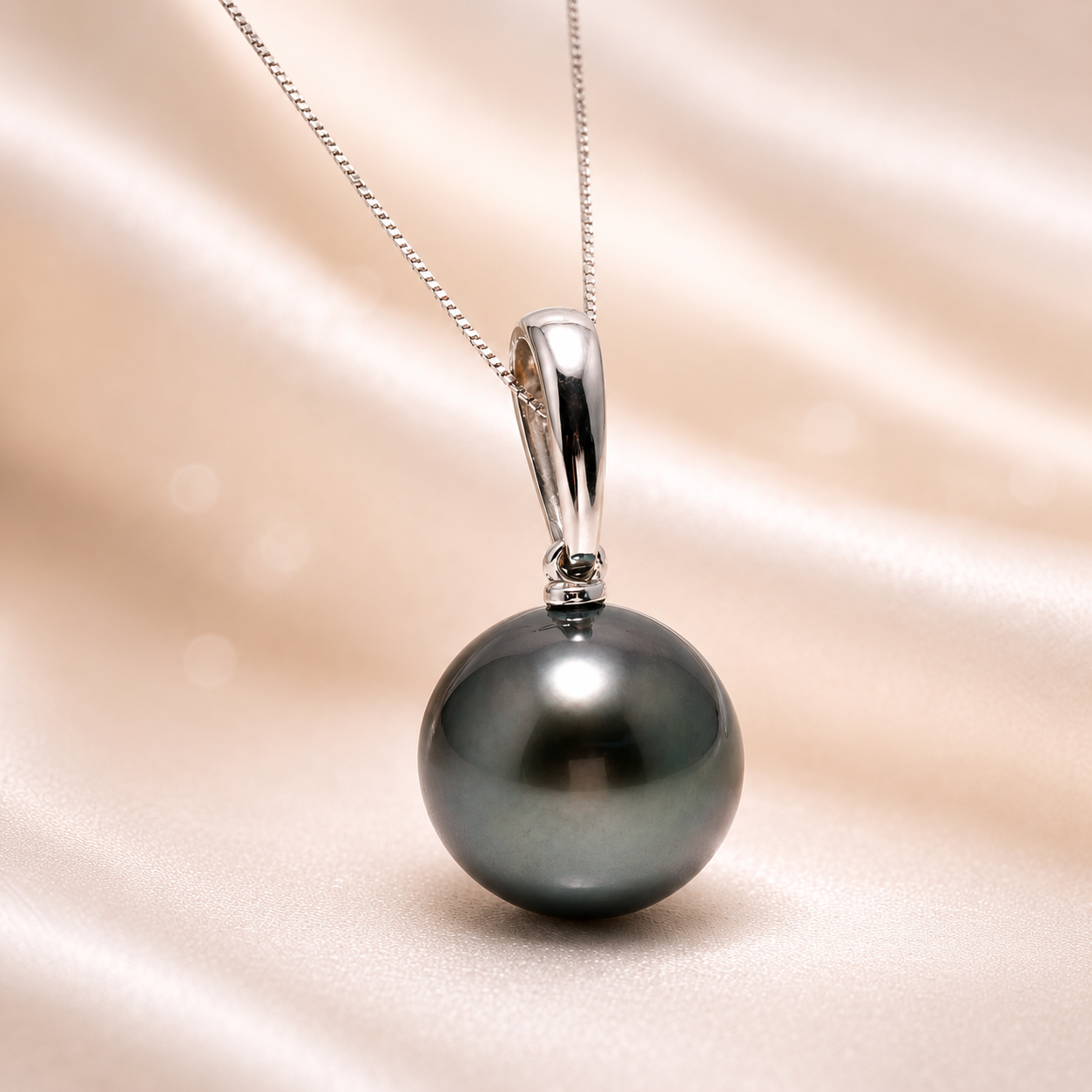 14K White Gold Tahitian Pearl Pendant Necklace | 11–12mm Round Tahiti Green Pearl | 45cm