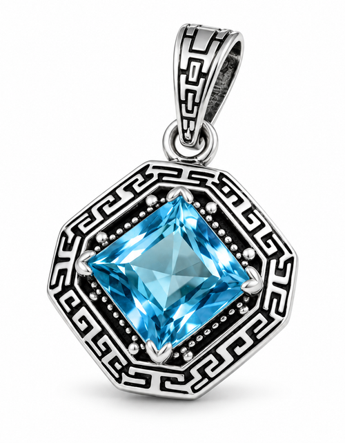 Load image into Gallery viewer, Bali Artisan Sterling Silver Azure Key Pendant – Handcrafted 925 Silver Luxury Blue Topaz Gemstone Pendant
