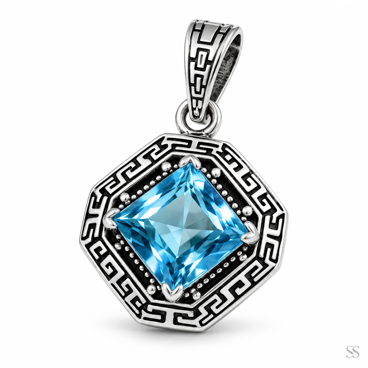 Bali Artisan Sterling Silver Azure Key Pendant – Handcrafted 925 Silver Luxury Blue Topaz Gemstone Pendant