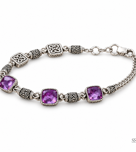 Bali Artisan Sterling Silver Amethyst Bracelet – Handcrafted 925 Silver Luxury Gemstone Link Bracelet