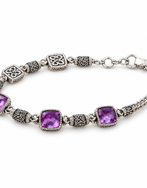 Load image into Gallery viewer, Bali Artisan Sterling Silver Amethyst Bracelet – Handcrafted 925 Silver Luxury Gemstone Link Bracelet
