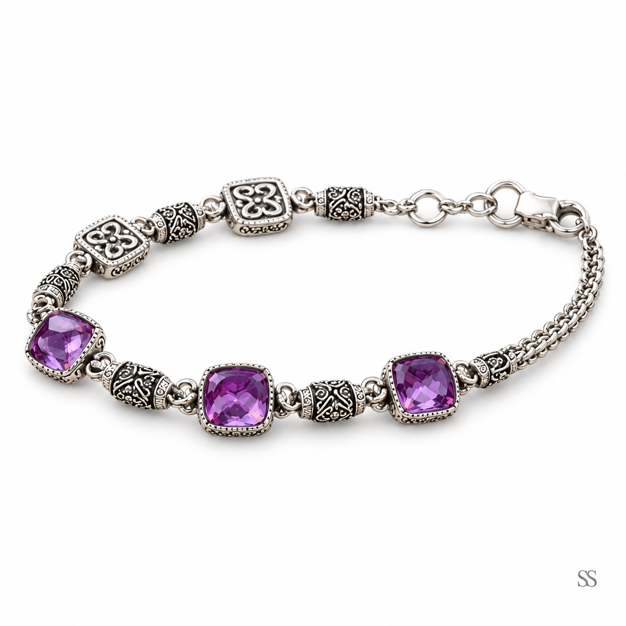 Bali Artisan Sterling Silver Amethyst Bracelet – Handcrafted 925 Silver Luxury Gemstone Link Bracelet