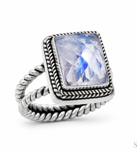 Simply Savvy Bali Artisan Sterling Silver Rainbow Moonstone Ring – Handcrafted 925 Silver – Luxury Moonstone Statement Ring