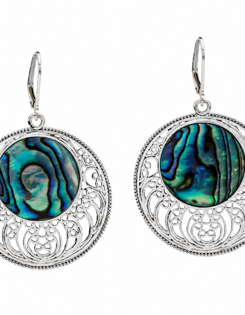Load image into Gallery viewer, “Ocean Halo Abalone” Openwork Disc Drop Earrings – Rhodium Over Sterling Silver
