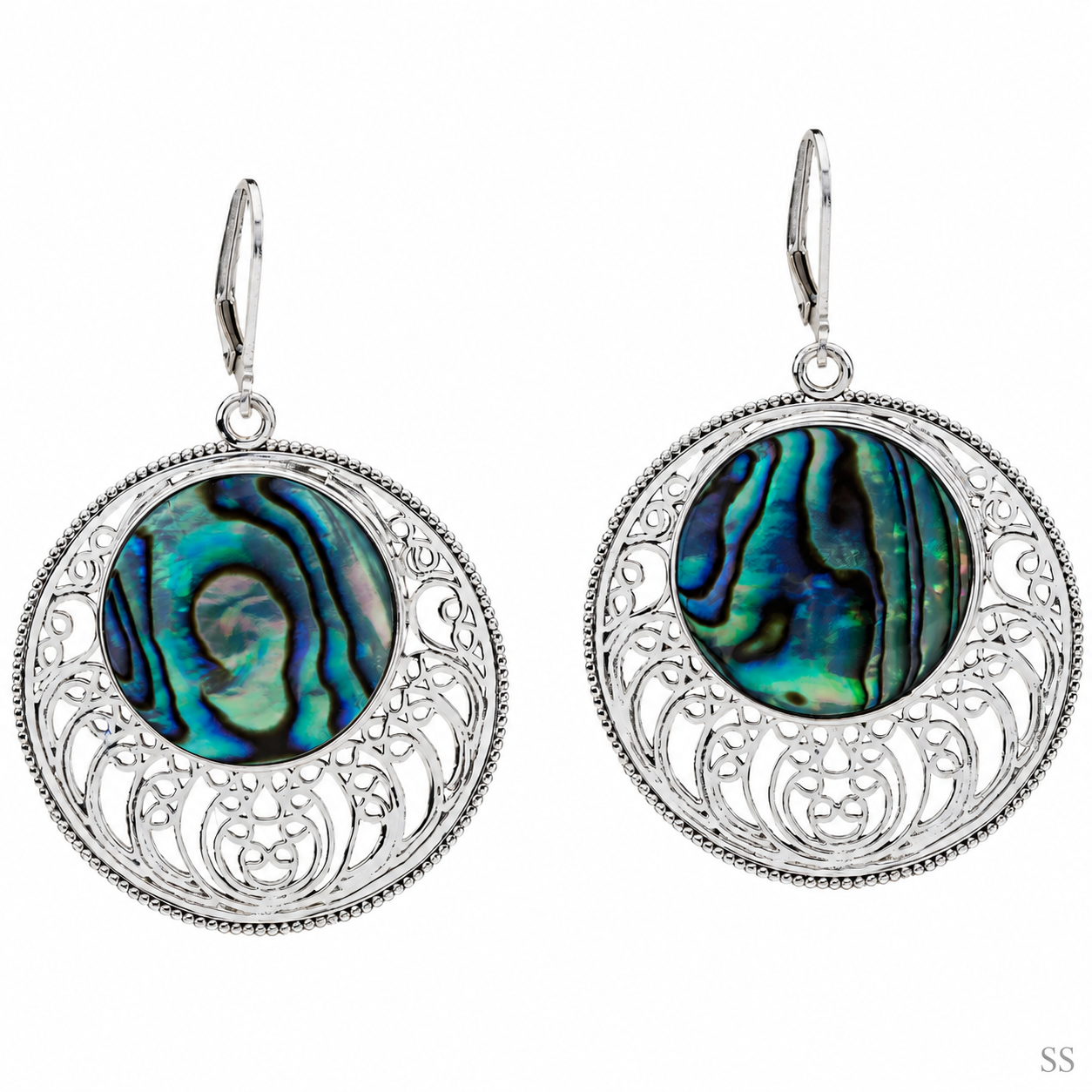 “Ocean Halo Abalone” Openwork Disc Drop Earrings – Rhodium Over Sterling Silver