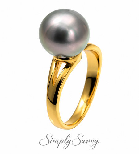 Golden Green Tahitian Pearl Ring 10–11mm | Adjustable Sterling Silver)