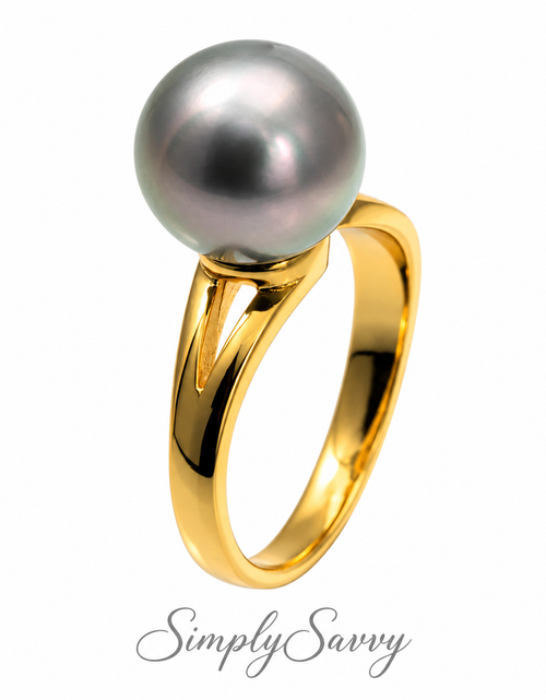 Load image into Gallery viewer, Golden Green Tahitian Pearl Ring 10–11mm | Adjustable Sterling Silver)

