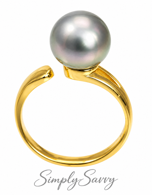 Load image into Gallery viewer, Golden Green Tahitian Pearl Ring 10–11mm | Adjustable Sterling Silver)
