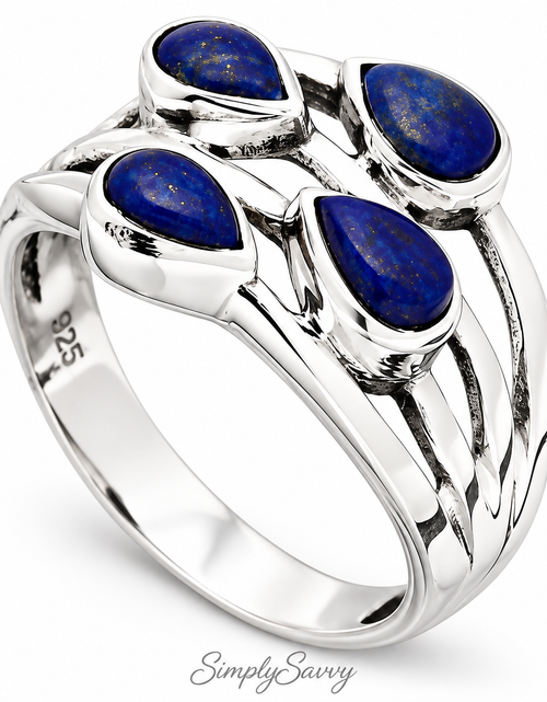 Load image into Gallery viewer, Natural Lapis Lazuli Ring – 925 Sterling Silver Multi Stone Pear Design Size 6

