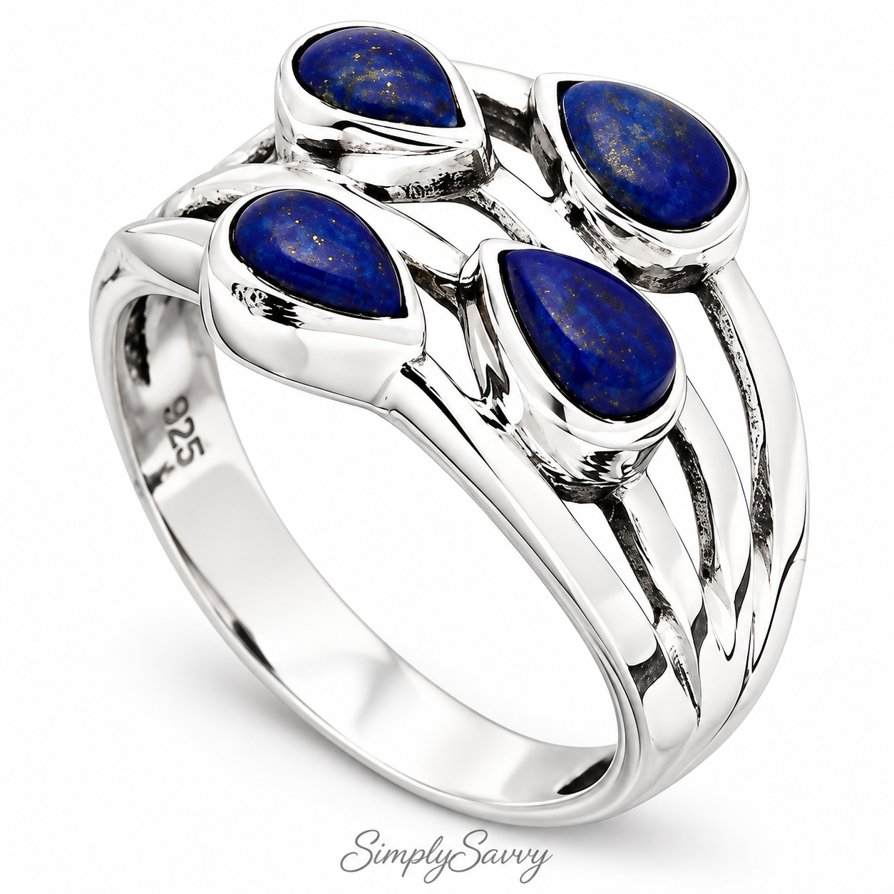 Natural Lapis Lazuli Ring – 925 Sterling Silver Multi Stone Pear Design Size 6