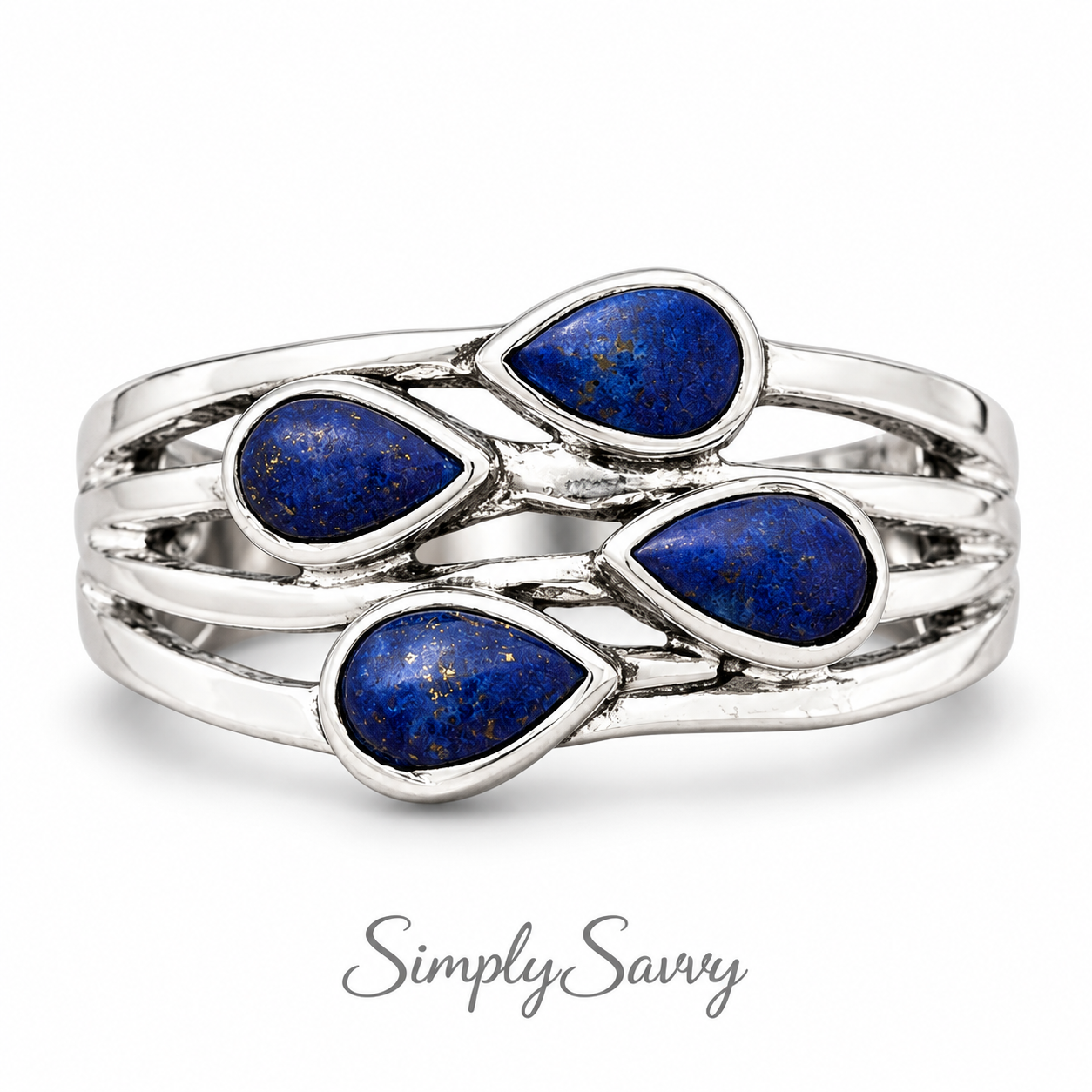 Natural Lapis Lazuli Ring – 925 Sterling Silver Multi Stone Pear Design Size 6