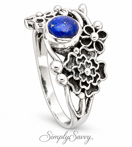 925 Sterling Silver Natural Lapis Floral Ring – Size 6 Boho Flower Statement Ring
