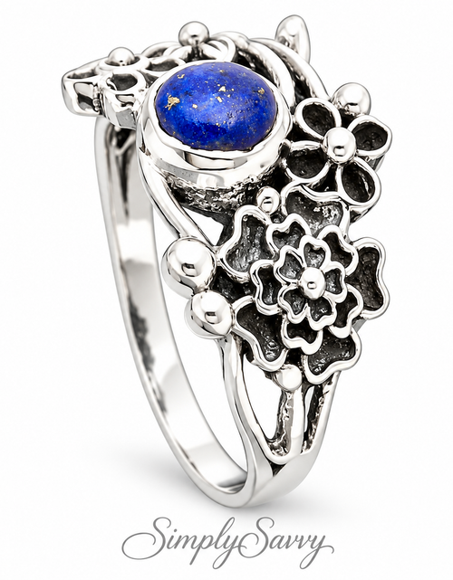 Load image into Gallery viewer, 925 Sterling Silver Natural Lapis Floral Ring – Size 6 Boho Flower Statement Ring
