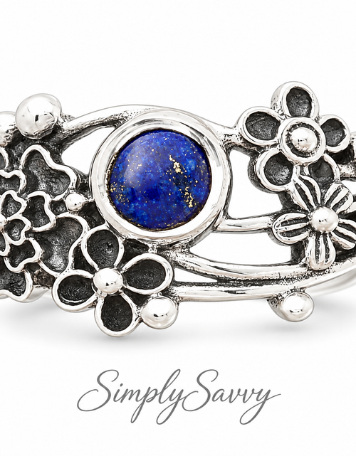 Load image into Gallery viewer, 925 Sterling Silver Natural Lapis Floral Ring – Size 6 Boho Flower Statement Ring
