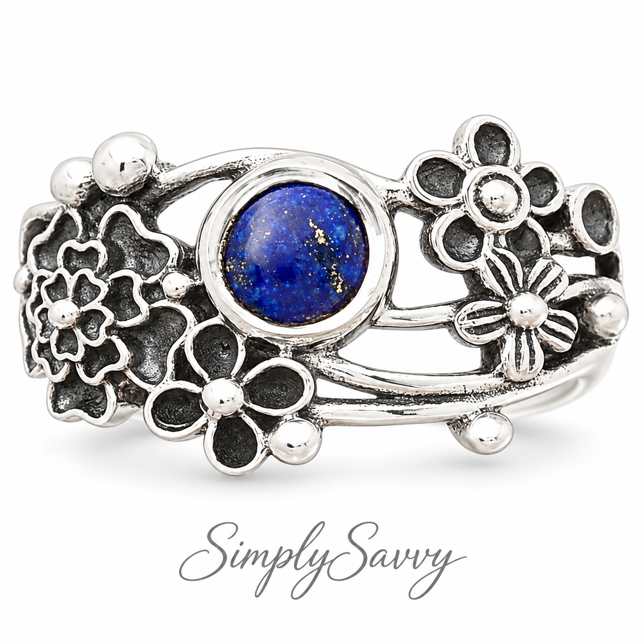 925 Sterling Silver Natural Lapis Floral Ring – Size 6 Boho Flower Statement Ring