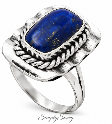 Natural Lapis Lazuli Ring 925 Sterling Silver Statement Ring Size 7 Vintage Style