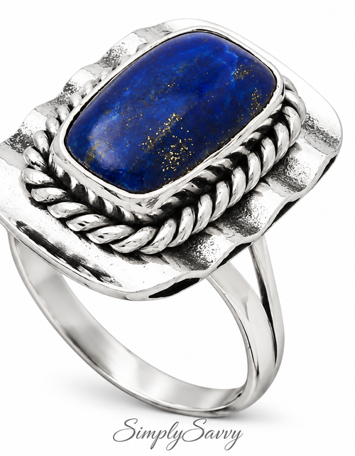 Load image into Gallery viewer, Natural Lapis Lazuli Ring 925 Sterling Silver Statement Ring Size 7 Vintage Style
