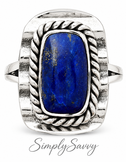 Load image into Gallery viewer, Natural Lapis Lazuli Ring 925 Sterling Silver Statement Ring Size 7 Vintage Style
