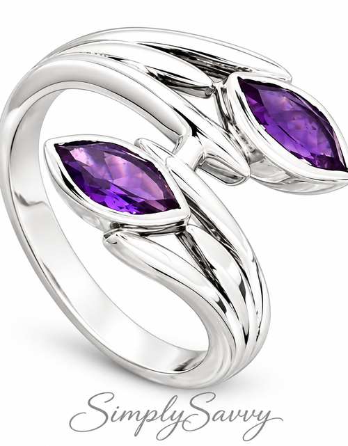 Load image into Gallery viewer, Sterling Silver Amethyst Bypass Ring Size 7 – Marquise Gemstone Wrap Ring
