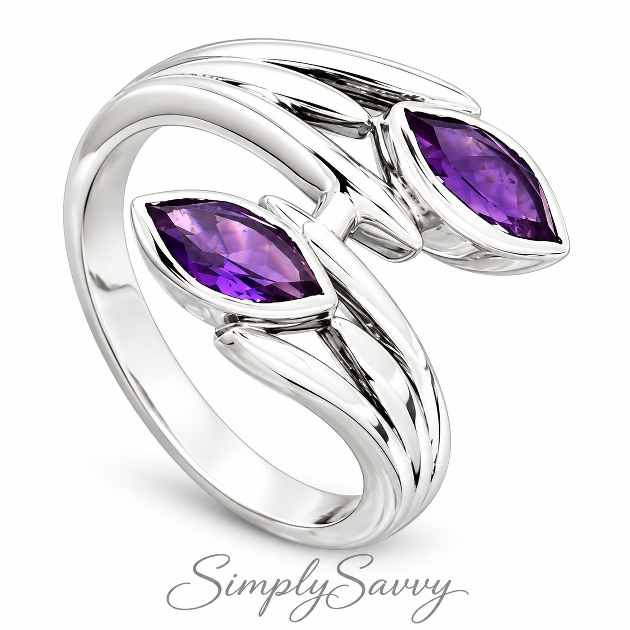 Sterling Silver Amethyst Bypass Ring Size 7 – Marquise Gemstone Wrap Ring