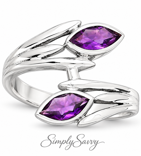 Sterling Silver Amethyst Bypass Ring Size 7 – Marquise Gemstone Wrap Ring