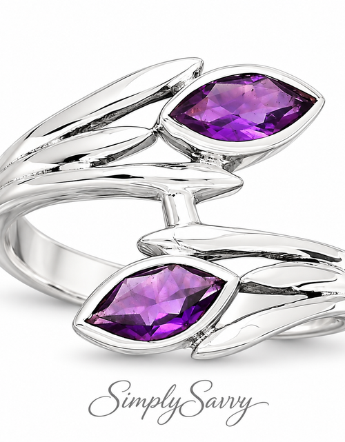 Load image into Gallery viewer, Sterling Silver Amethyst Bypass Ring Size 7 – Marquise Gemstone Wrap Ring
