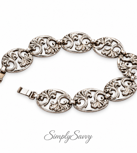 Sterling Silver Scroll Link Bracelet – Artisan Oval Panel Design