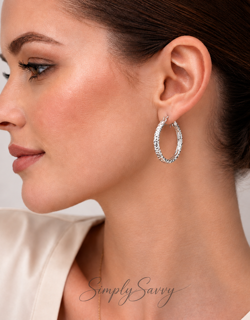 Load image into Gallery viewer, 925 Sterling Silver Diamond-Cut Hoop Earrings – 36mm Classic Shine
