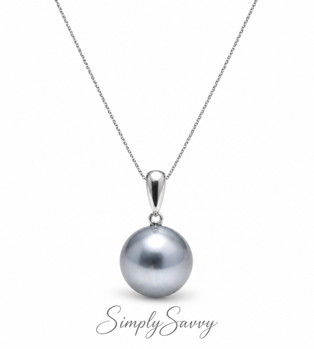 14K White Gold Tahitian Pearl Pendant Necklace | 11–12mm Round Tahiti Green Pearl | 45cm