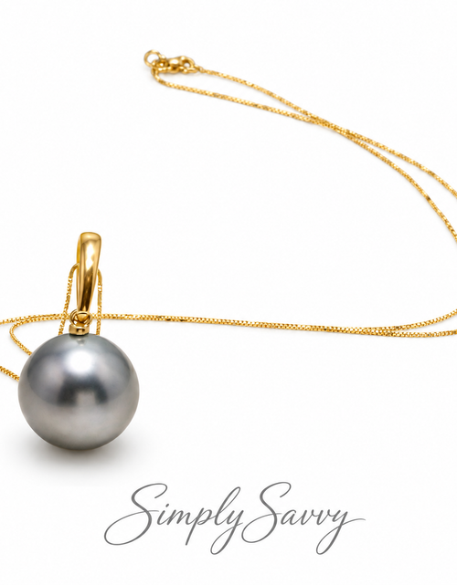 Load image into Gallery viewer, 14K Yellow Gold Tahitian Pearl Pendant Necklace | 12–13mm Round Grey-Green Pearl | 45cm

